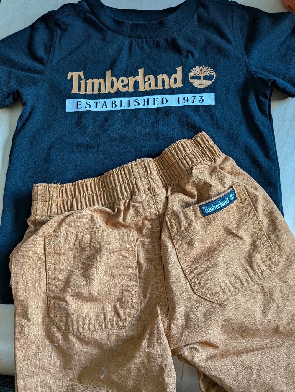 Timberland Toddler Boys 2-Piece Short Set Black Graphic Tee & Wheat Shorts 2T